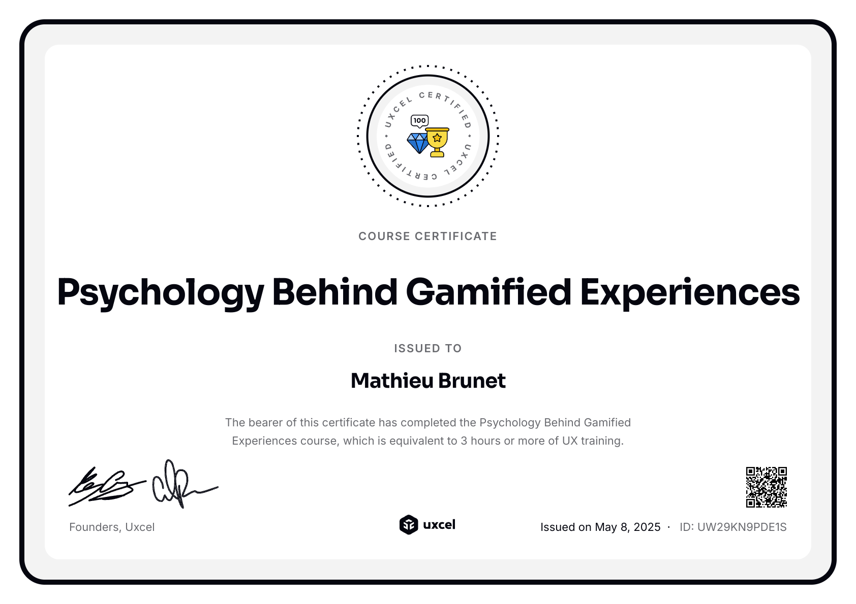 Mathieu Brunet's certificate